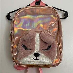 Iridescent Pink Kids Backpack with Plush Dog Design